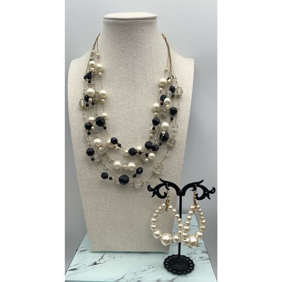 Multi Layered Faux Pearl And Black Beaded Wire Necklace And Faux Pearl Earrings - Picture 1 of 5